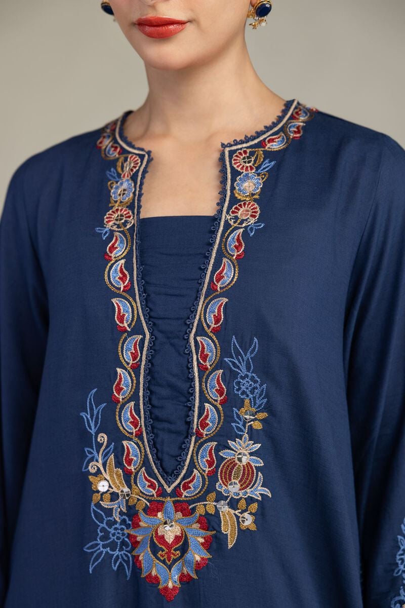 Embroidered | Raw Silk | Floral Navy Kurta | USD 65.00