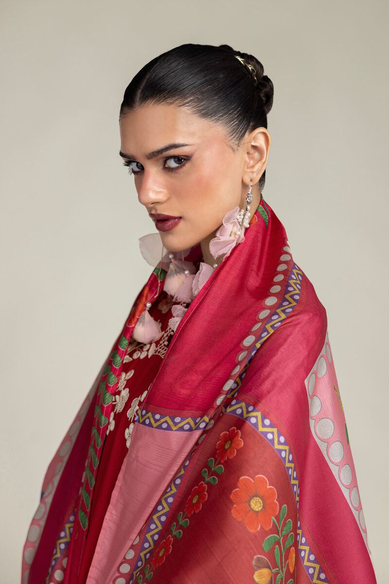Embroidered | Polyester Silk | Red Floral Dupatta | USD 30.00