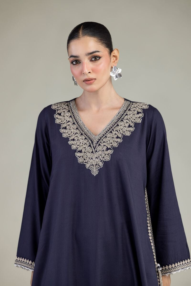 Embroidered | Raw Silk | Navy V-Neck Kurta | USD 60.00