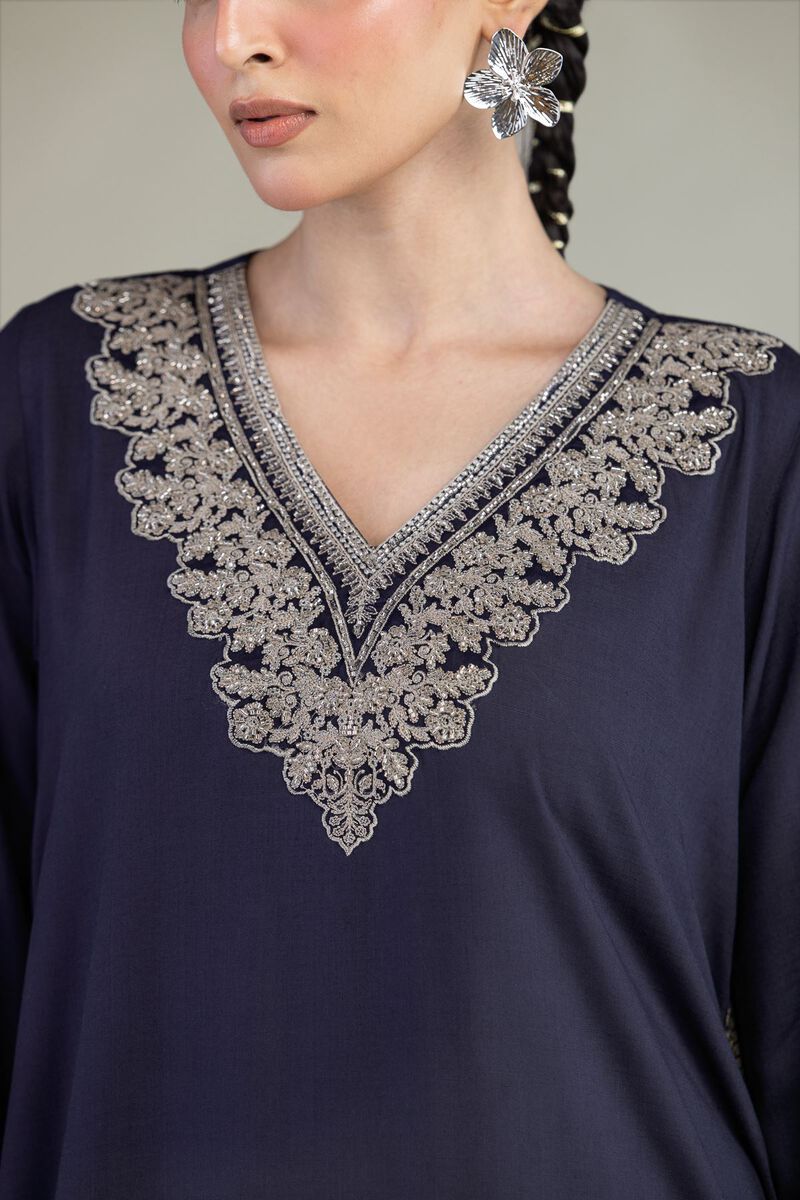 Embroidered | Raw Silk | Navy V-Neck Kurta | USD 60.00