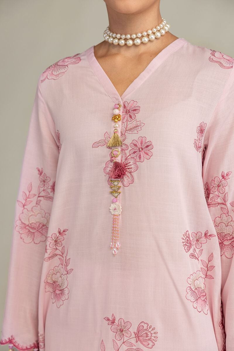 Embroidered | Raw Silk | Pink Longline Kurta | USD 65.00