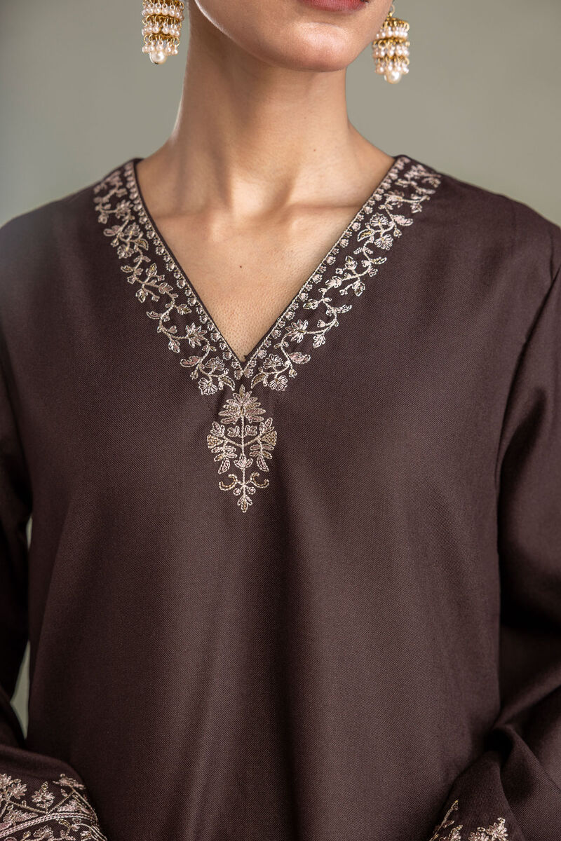 Embroidered | Heavy Blended Viscose | Brown V-neck Kurta | USD 60.00