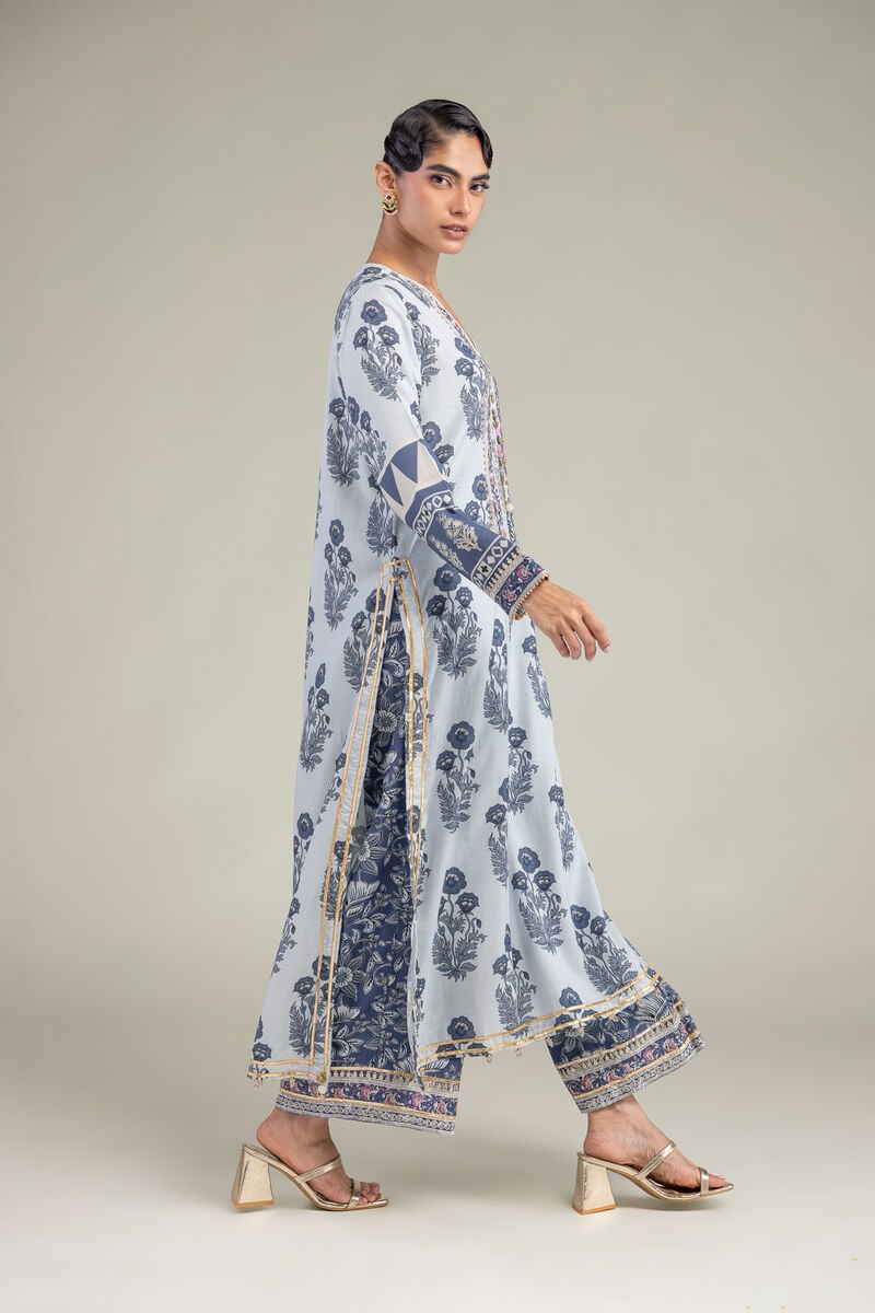 Embroidered | Raw Silk | Floral Blue Kurta | USD 65.00