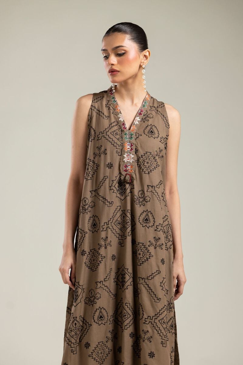 Embroidered | Raw Silk | Brown Sleeveless Kurta | USD 55.00