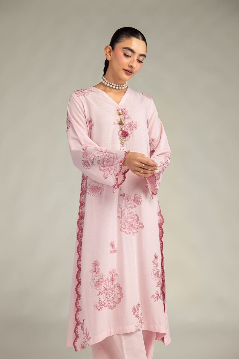Embroidered | Raw Silk | Pink Longline Kurta | USD 65.00