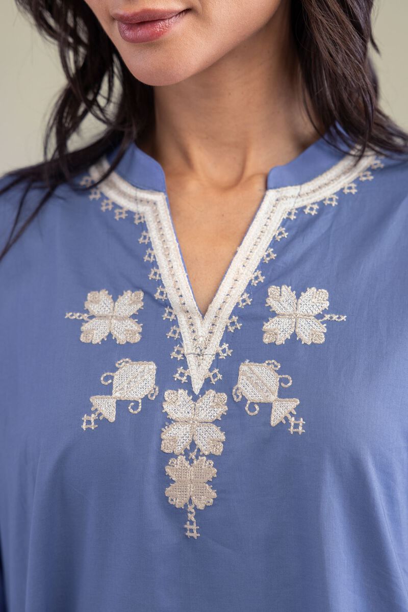 Embroidered | Cambric | Blue Threadwork Kurta | USD 40.00