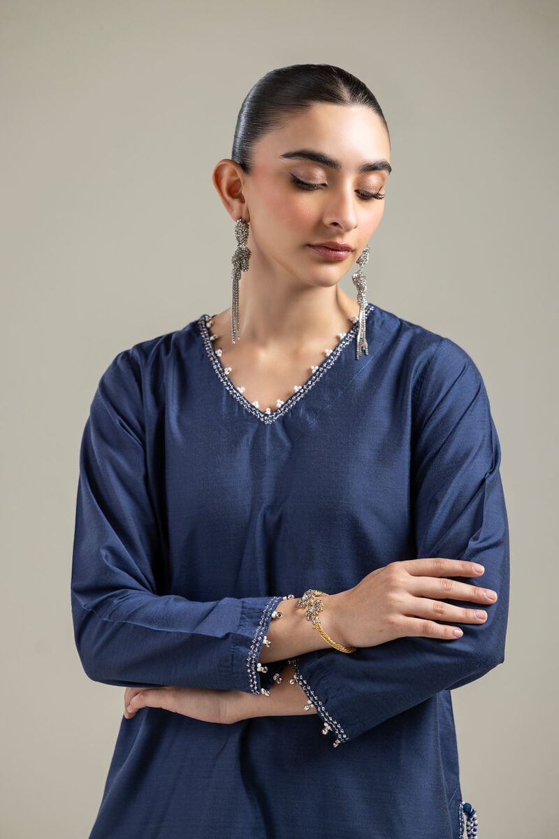Raw Silk | Navy V-Neck Kurta | USD 40.00