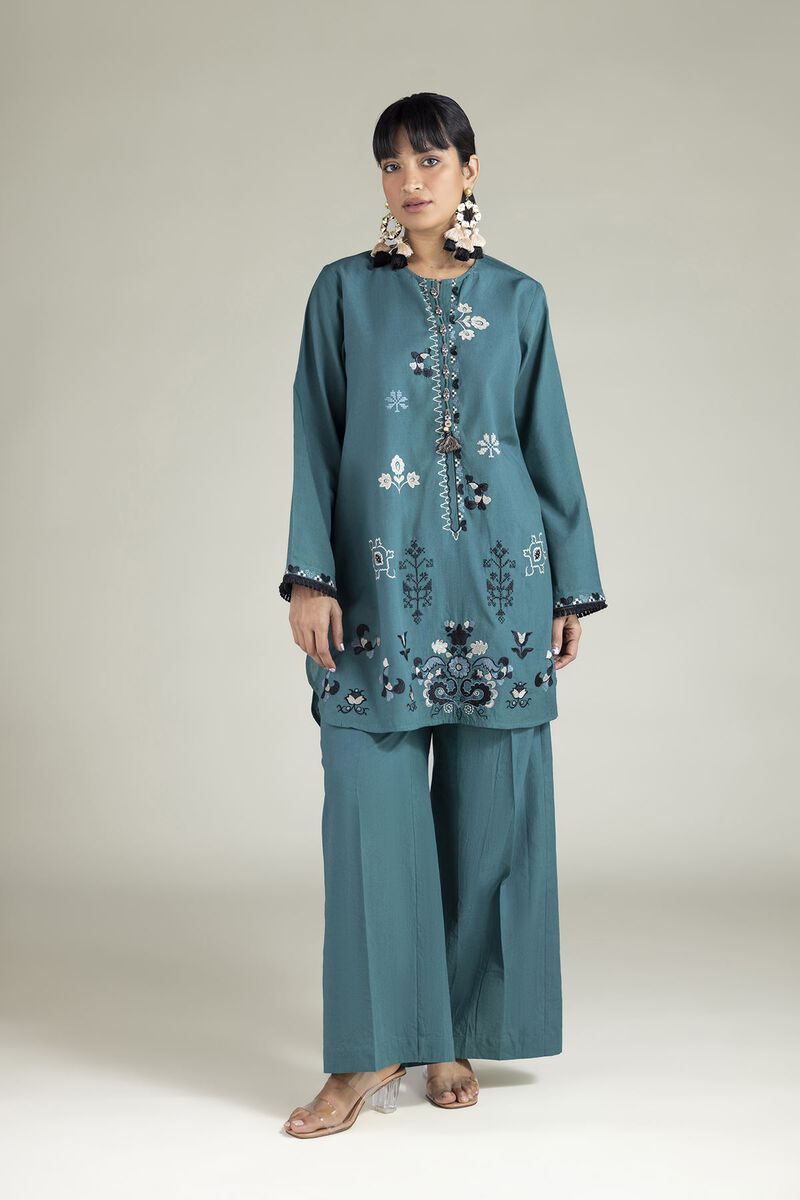 Embroidered | Cambric | Teal Tailored 2-Piece | USD 45.00