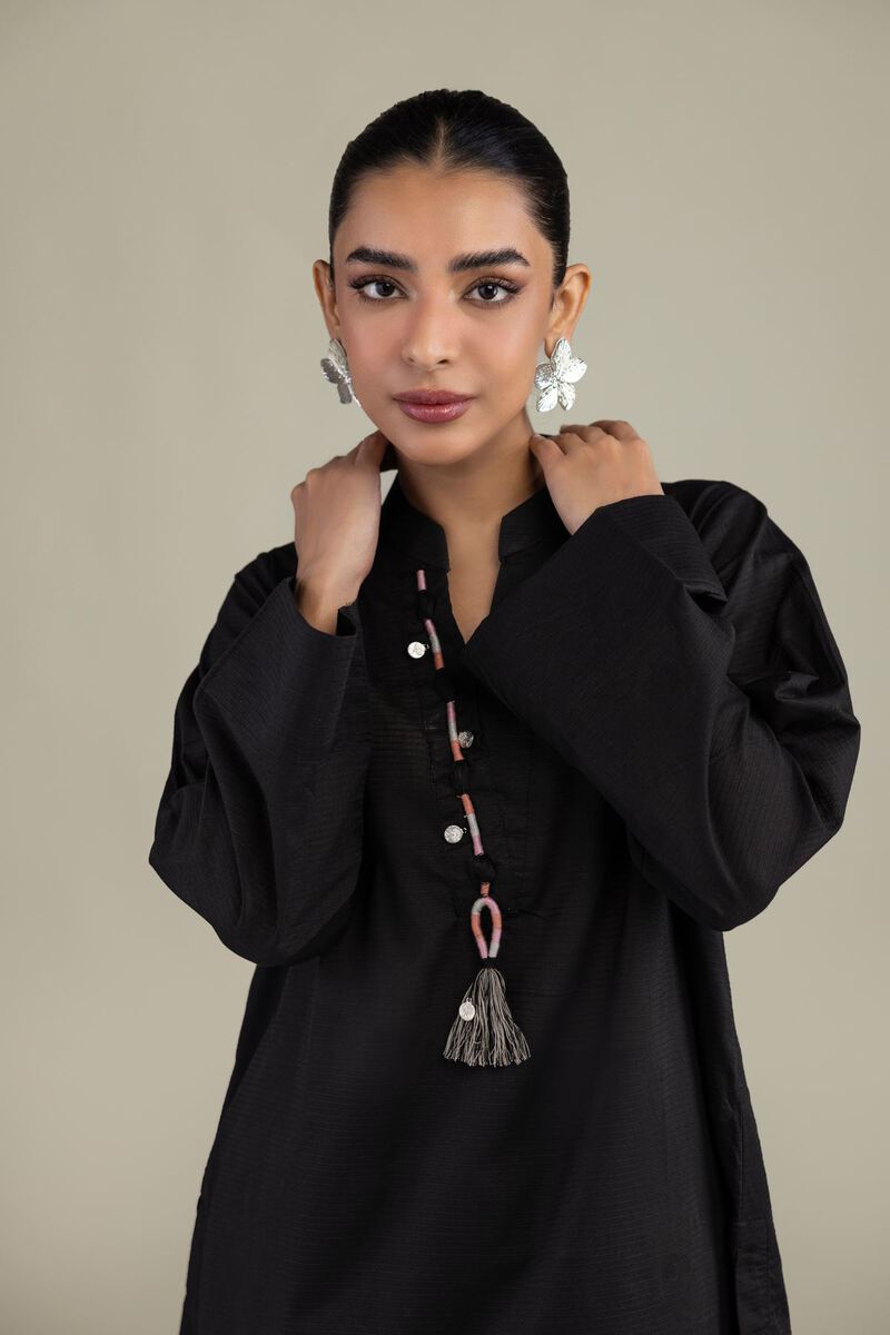 Dyed | Textured Cotton | V-Neck Black Kurta | USD 35.00
