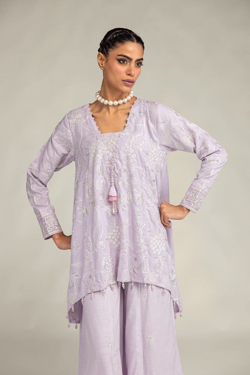 Embroidered | Raw Silk | Floral Lavender Kurta | USD 65.00