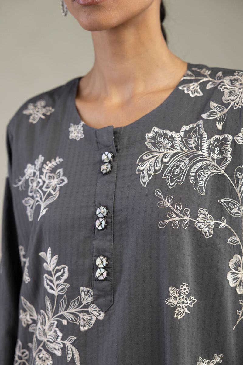 Embroidered | Cotton Dobby | Gray Longline Kurta | USD 55.00