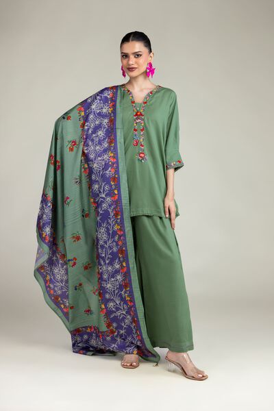 Embroidered | Raw Silk | Green Solid Pants | USD 30.00