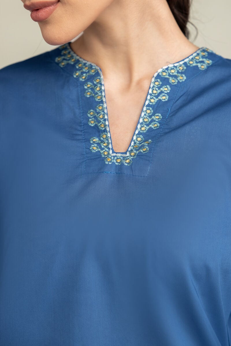 Embroidered | Cambric | Floral Blue Kurta | USD 55.00