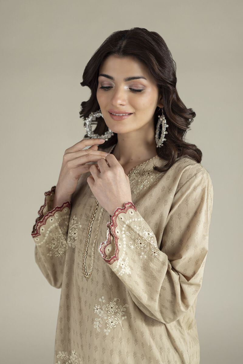 Embroidered | Cotton Dobby | Beige Tailored Suit | USD 65.00