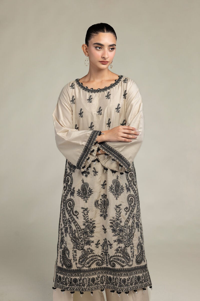 Raw Silk | Floral Beige Kurta | USD 70.00