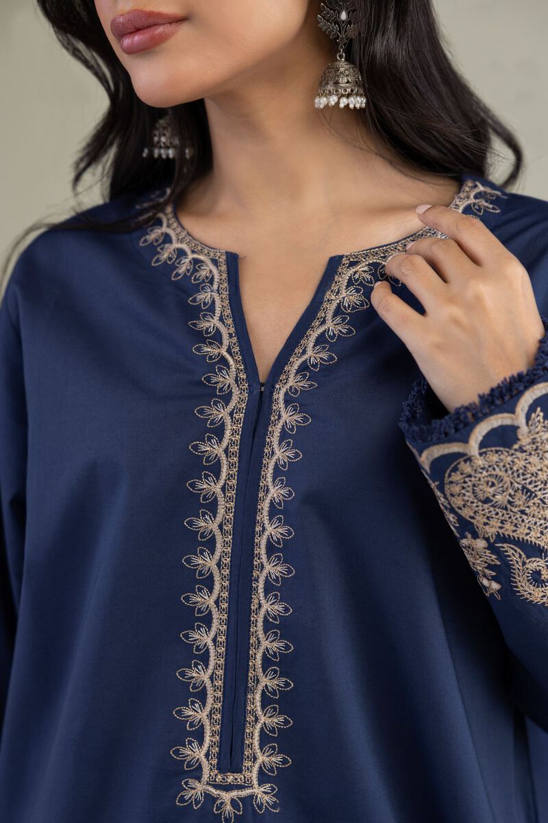 Embroidered | Cambric | Navy V-Neck Kurta | USD 35.00