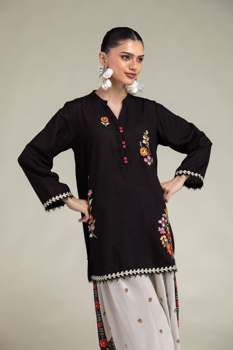 Embroidered | Raw Silk | Black Floral Kurta | USD 40.00