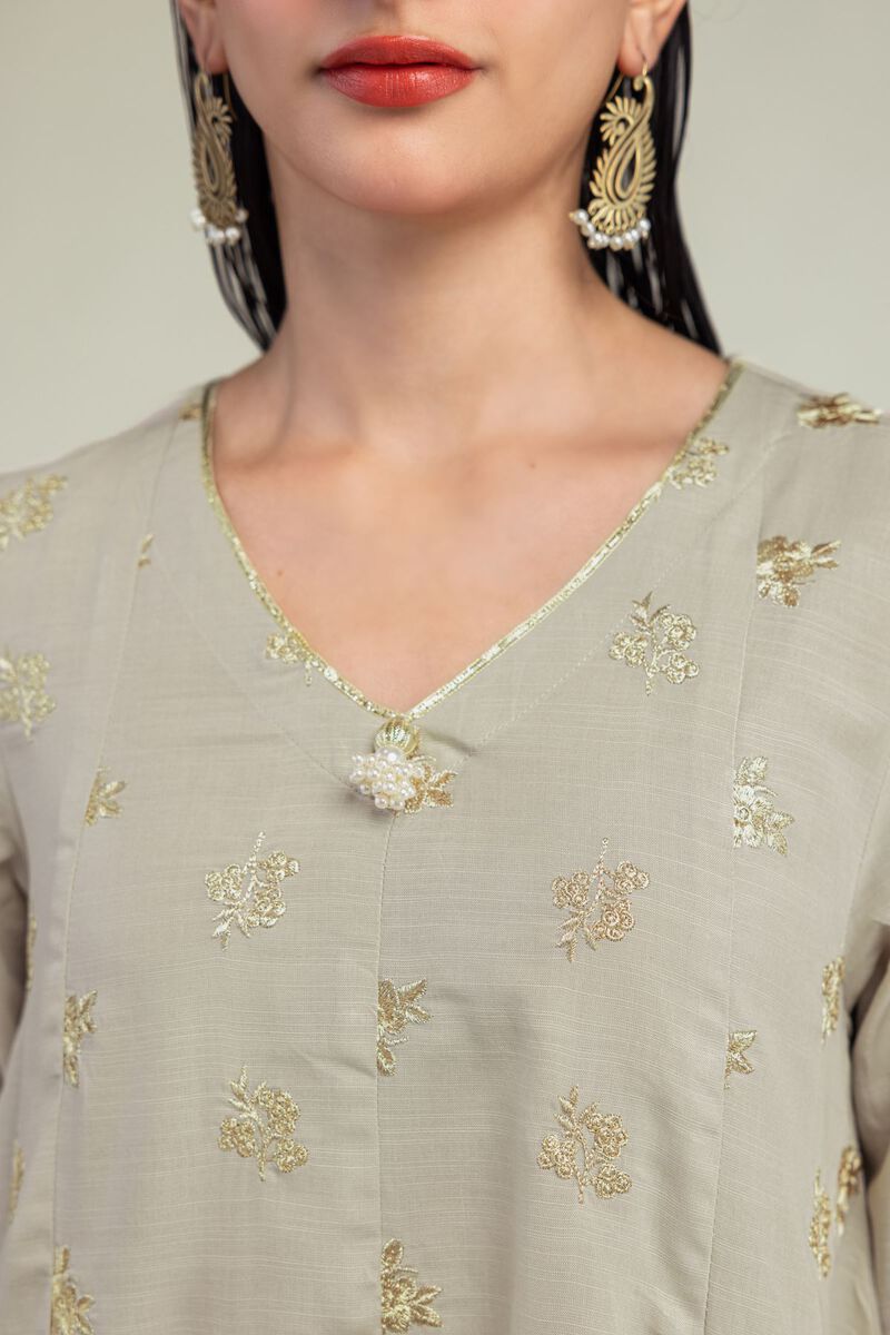 Embroidered | Raw Silk | Beige V-Neck Kurta | USD 40.00