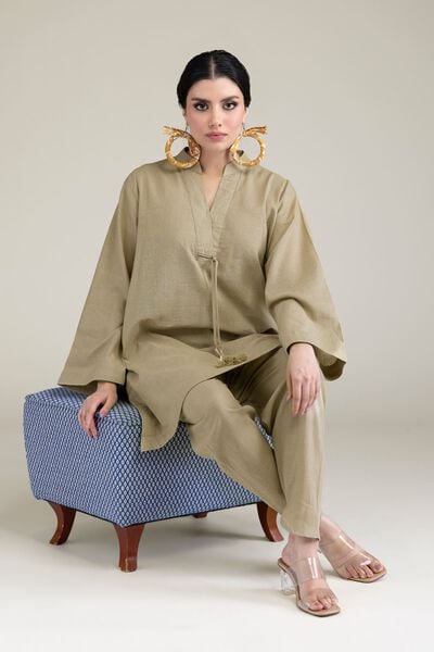 Dyed | Blended Linen | V-Neck Band-Collar Kurta | USD 35.00