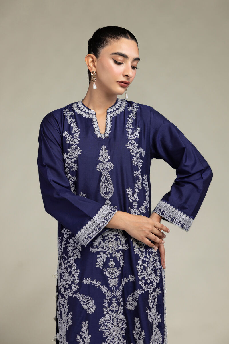 Raw Silk | Navy Floral Kurta | USD 75.00