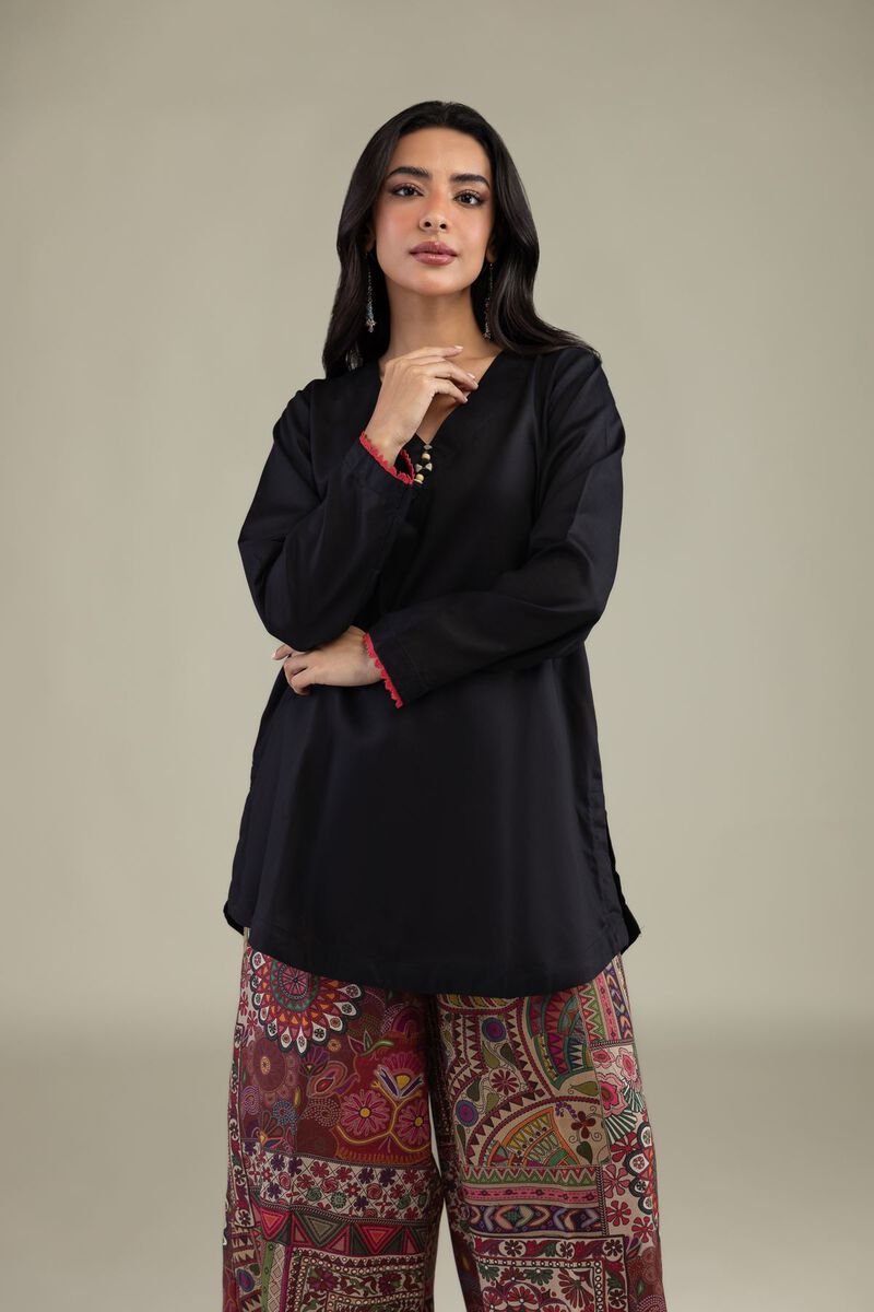 Printed | Textured Weave | Black V-Neck Kurta | USD 35.00