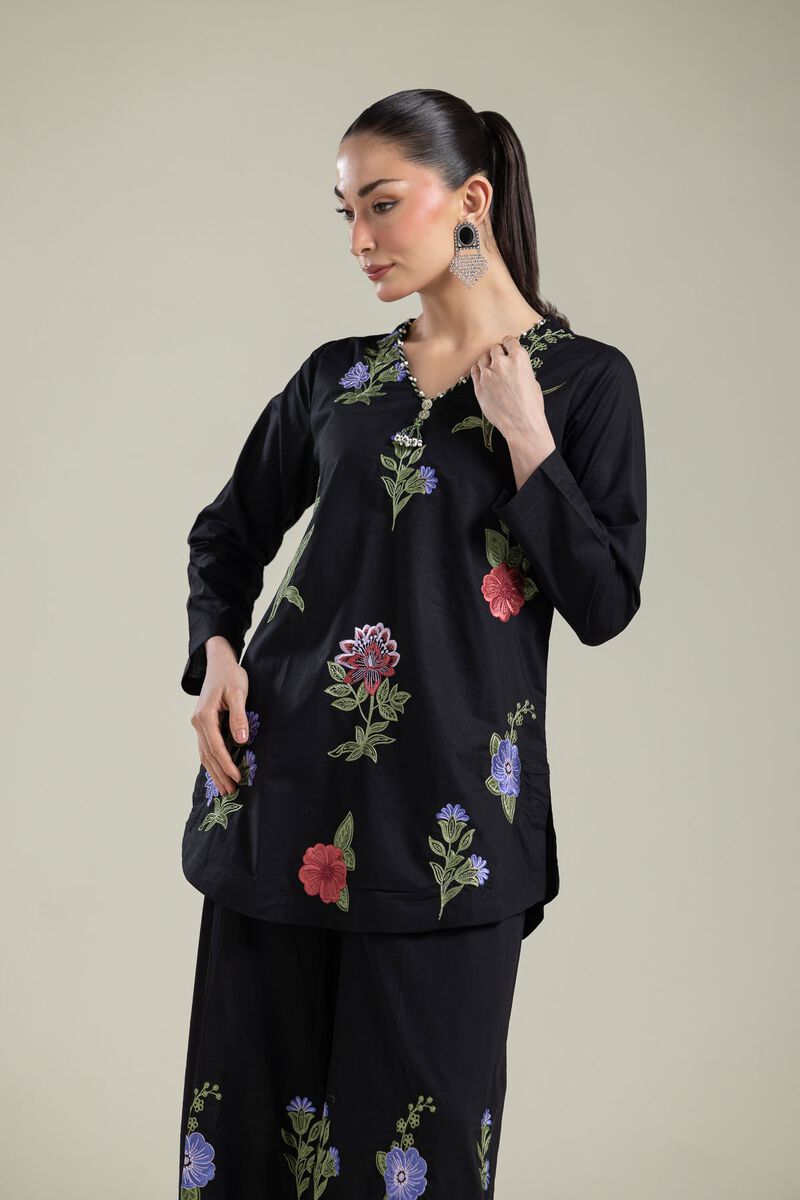 Embroidered | Cambric | Black V-Neck Kurta | USD 40.00