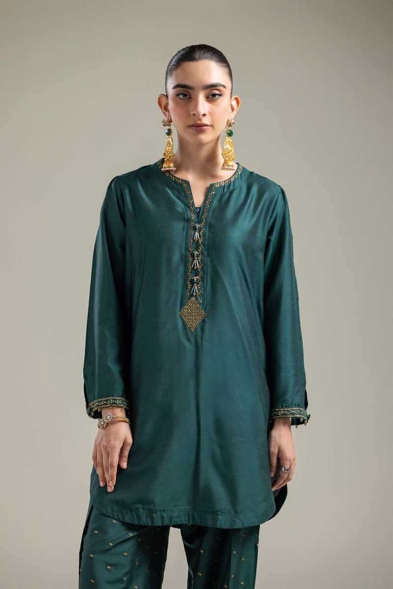 Raw Silk | Green V-Neck Kurta | USD 45.00