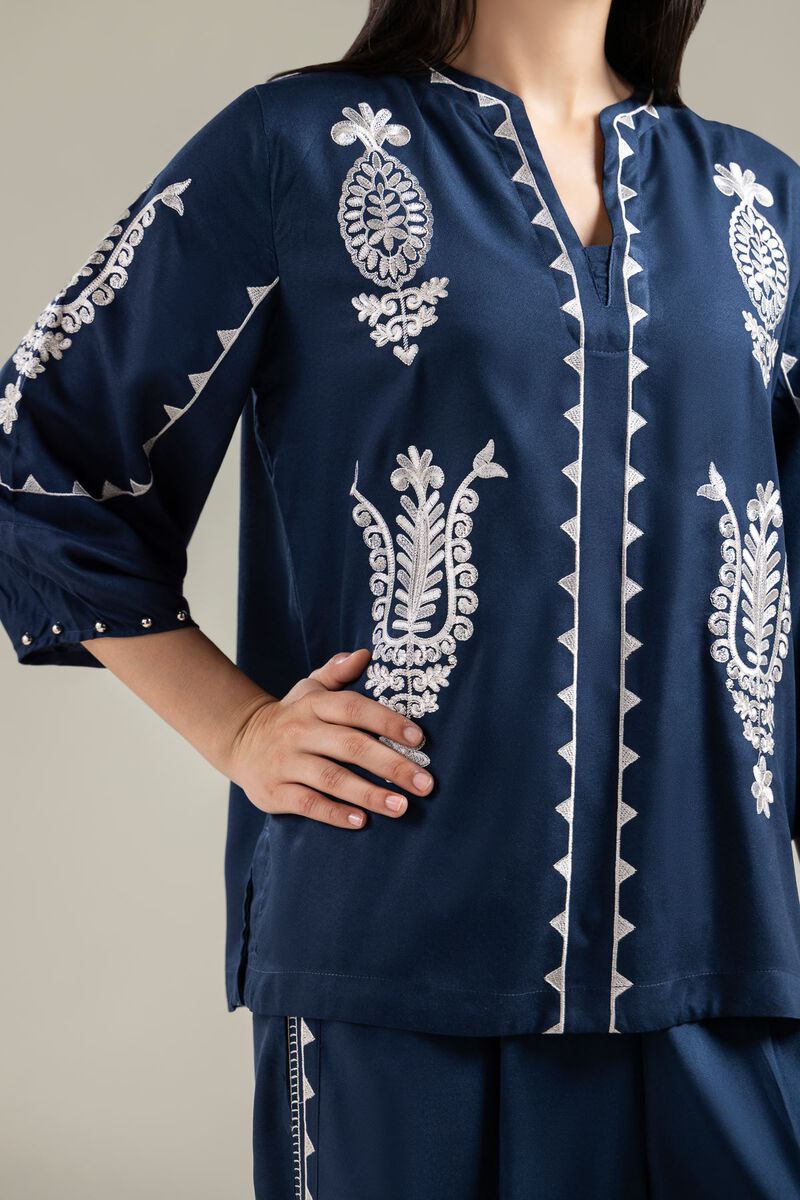 Embroidered | Viscose Crepe | Embroidered Navy Blouse | USD 40.00