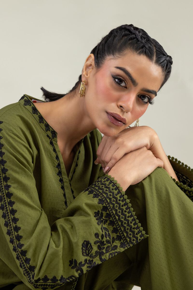Embroidered | Cotton Dobby | Cotton Olive Kurta | USD 45.00