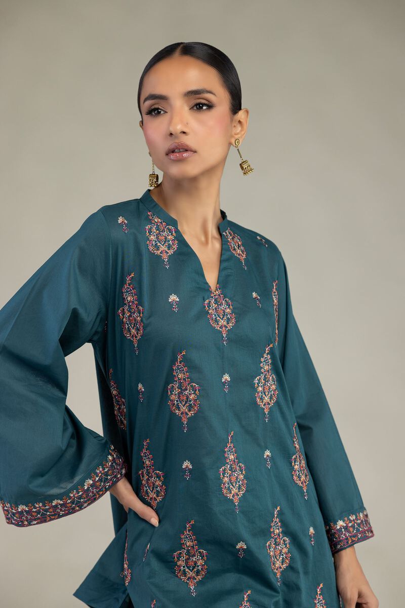 Embroidered | Cambric | Short Teal Kurta | USD 35.00
