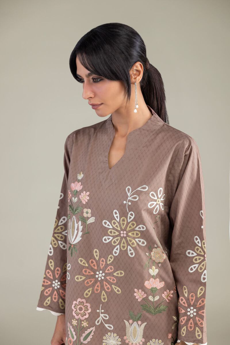 Embroidered | Cotton Dobby | Brown V-Neck Kurta | USD 45.00