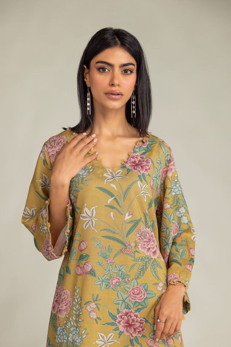Printed | Raw Silk | Short Mustard Kurta | USD 40.00