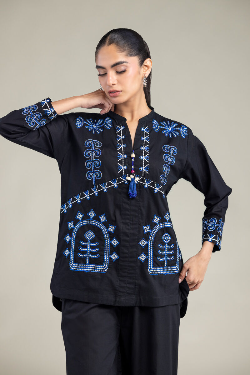 Embroidered | Cambric | Black V-neck Tunic | USD 40.00