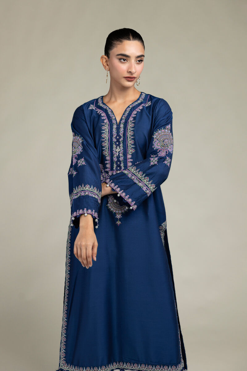 Raw Silk | Navy Longline Kurta | USD 60.00