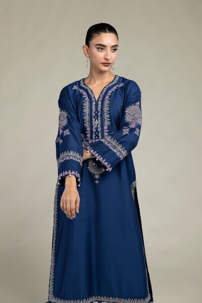 Raw Silk | Navy Longline Kurta | USD 60.00