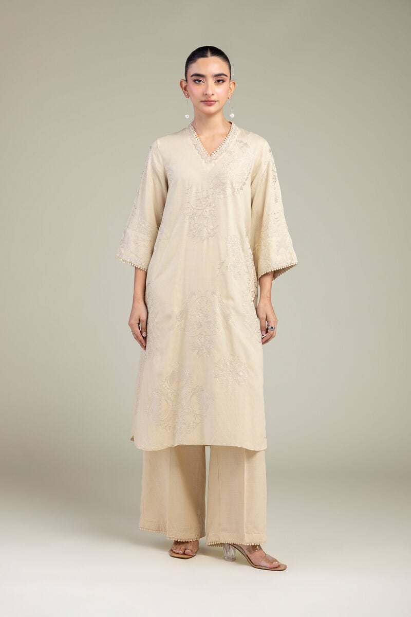 Embroidered | Raw Silk | Floral V-Neck Kurta | USD 60.00