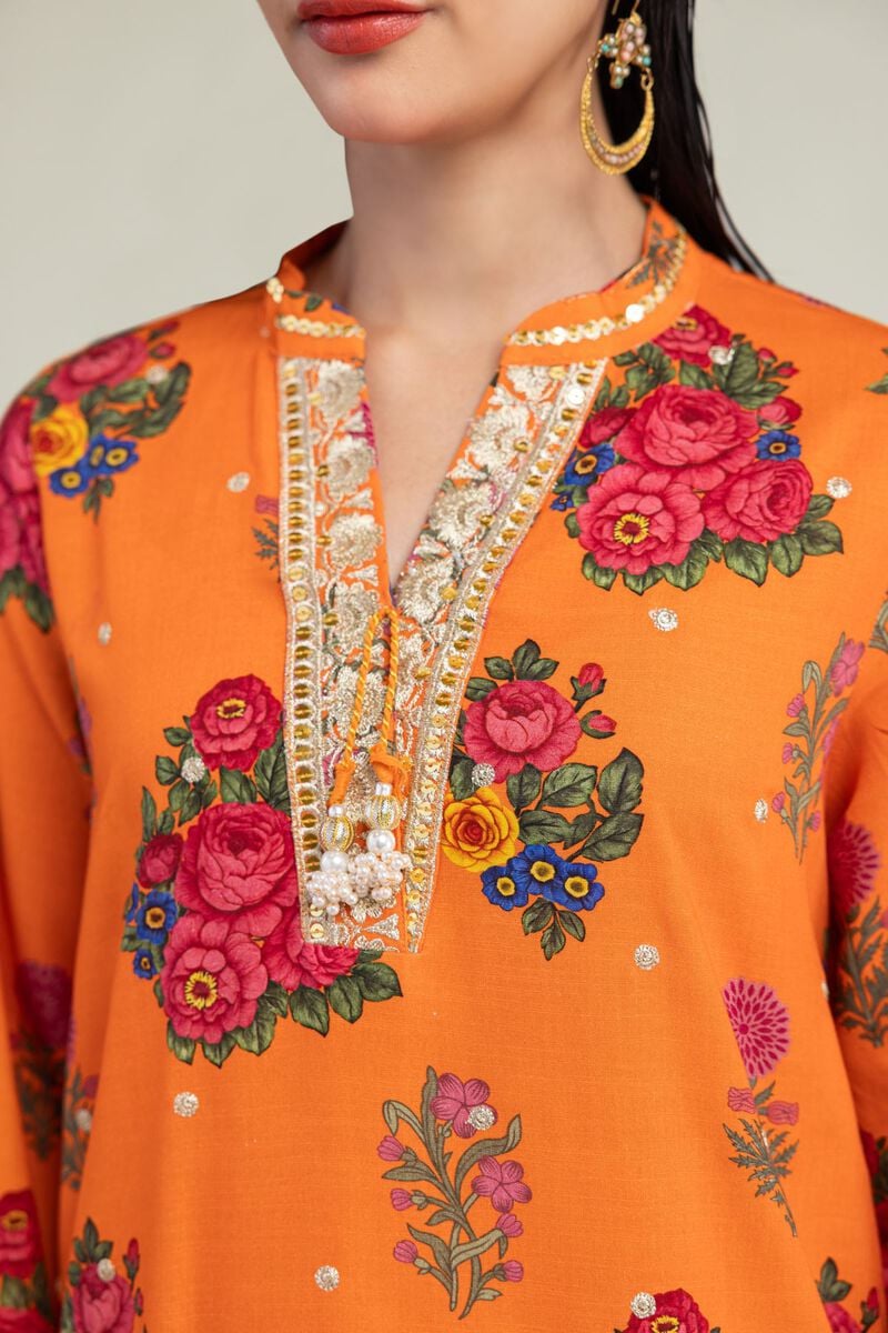 Embroidered | Raw Silk | Orange Floral Kurta | USD 40.00