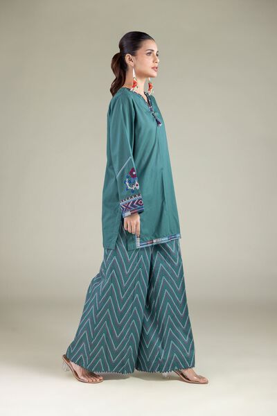 Embroidered | Cambric | Teal Pants | USD 25.00