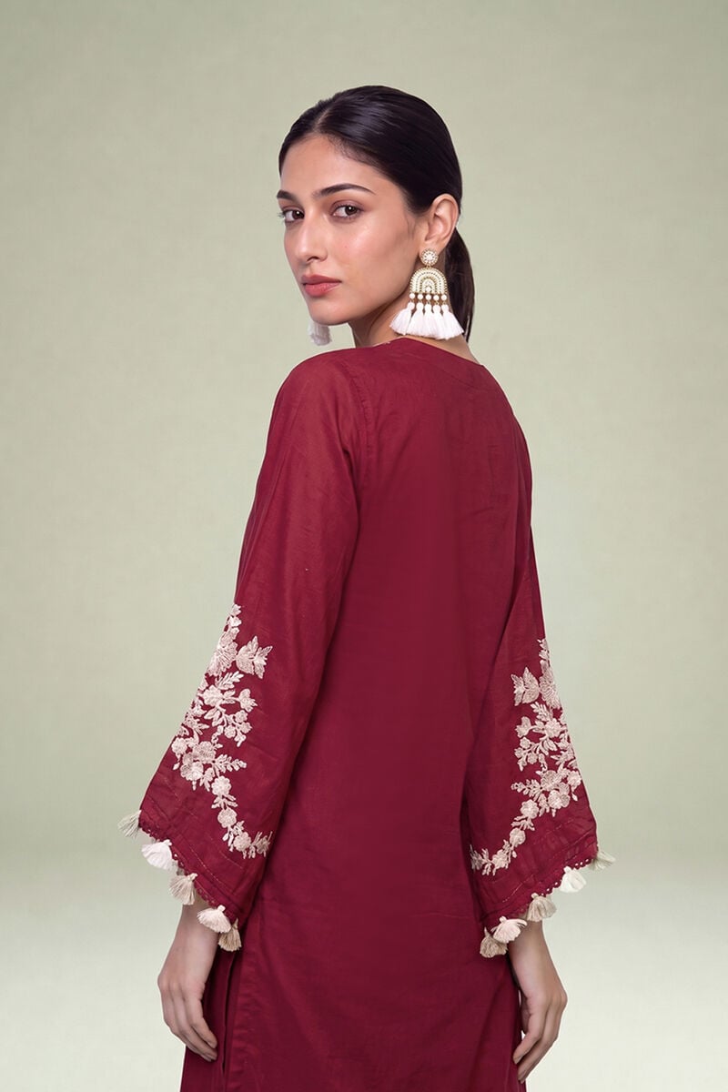 Embroidered | Cambric | Maroon V-Neck Kurta | USD 40.00