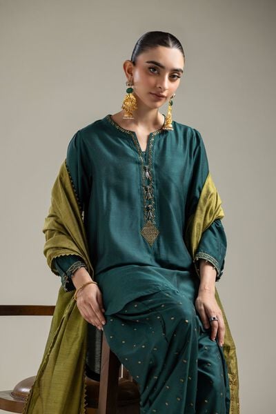 Raw Silk | Green V-Neck Kurta | USD 45.00