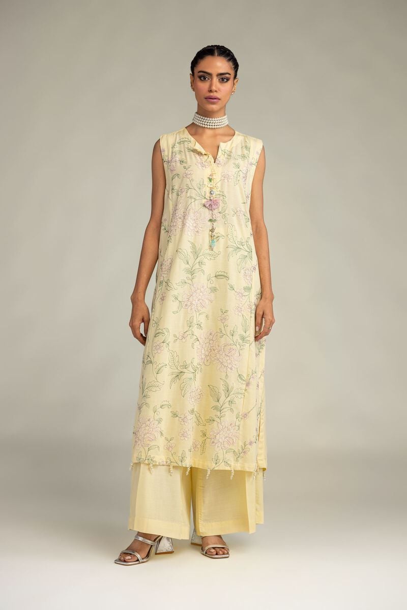 Embroidered | Raw Silk | Yellow Sleeveless Kurta | USD 55.00