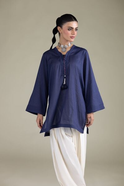 Dyed | Cotton Dobby | Navy V-Neck Kurta | USD 35.00