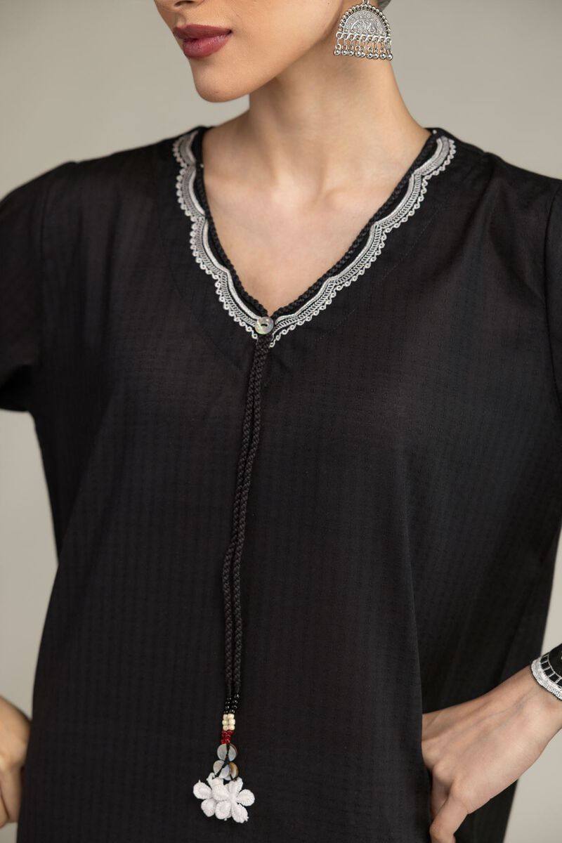Embroidered | Cotton Dobby | Black V-Neck Kurta | USD 35.00