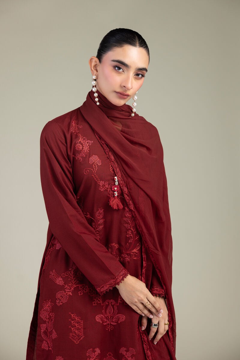 Embroidered | Chiffon | Maroon Chiffon Dupatta | USD 40.00