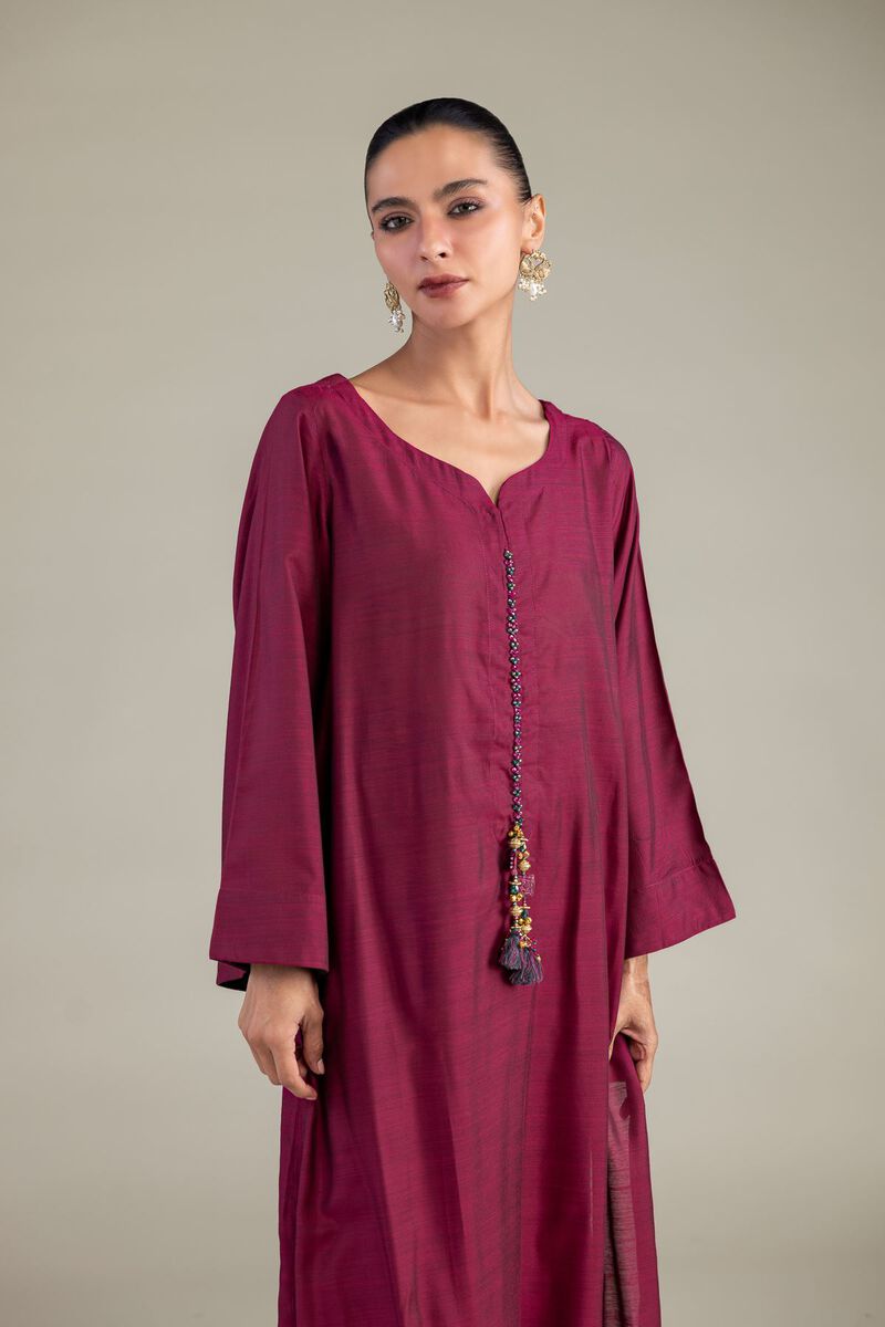 Dyed | Textured Raw Silk | Maroon Longline Kurta | USD 40.00