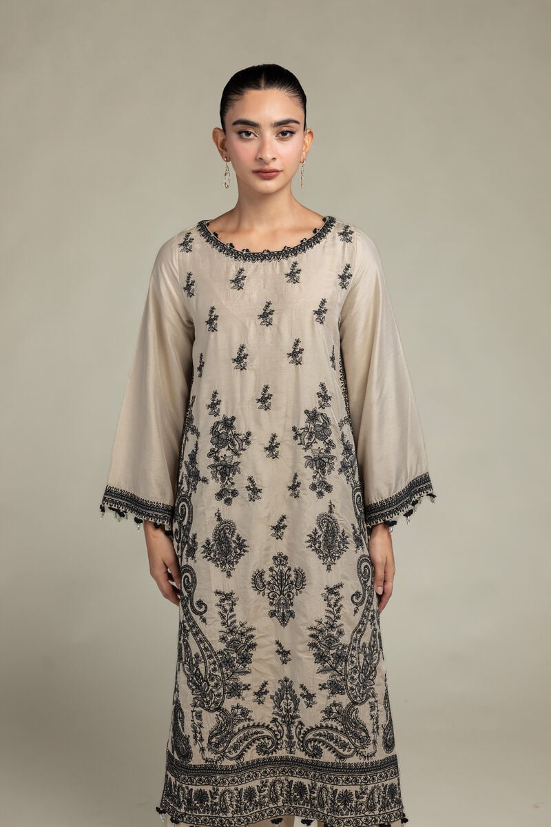 Raw Silk | Floral Beige Kurta | USD 70.00