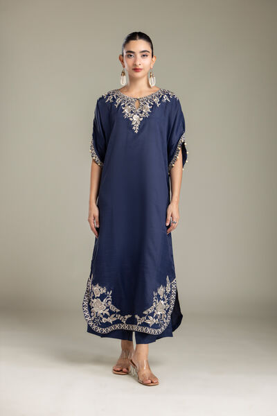 Embroidered | Raw Silk | Navy Silk Pants | USD 40.00