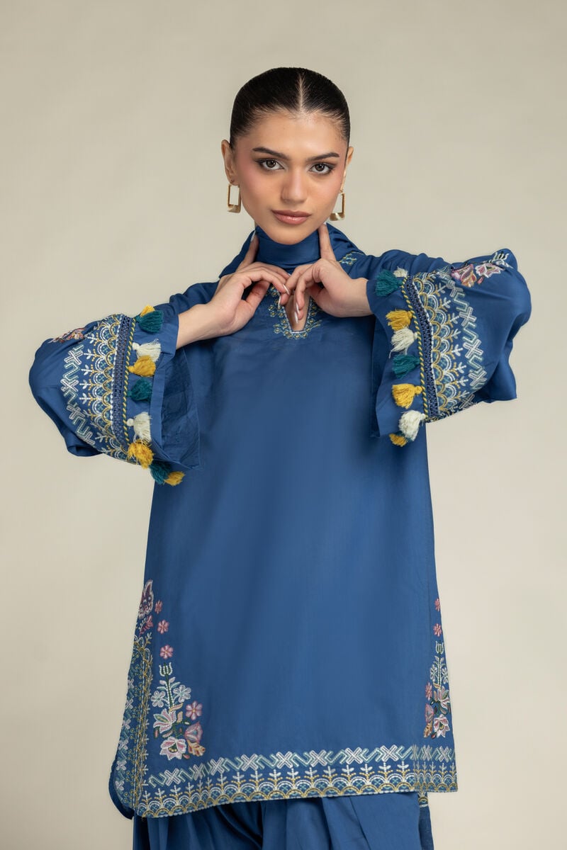 Embroidered | Cambric | Floral Blue Kurta | USD 55.00