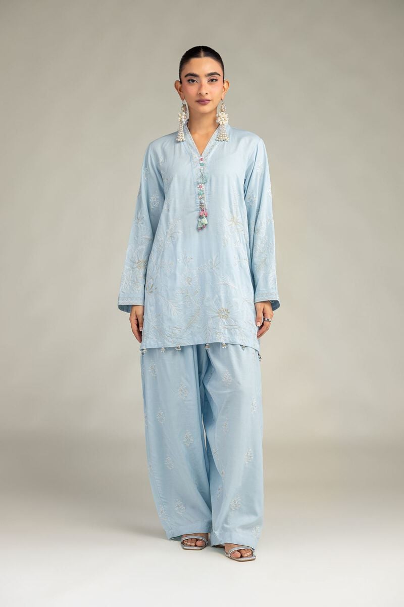 Embroidered | Raw Silk | Blue Floral Kurta | USD 60.00