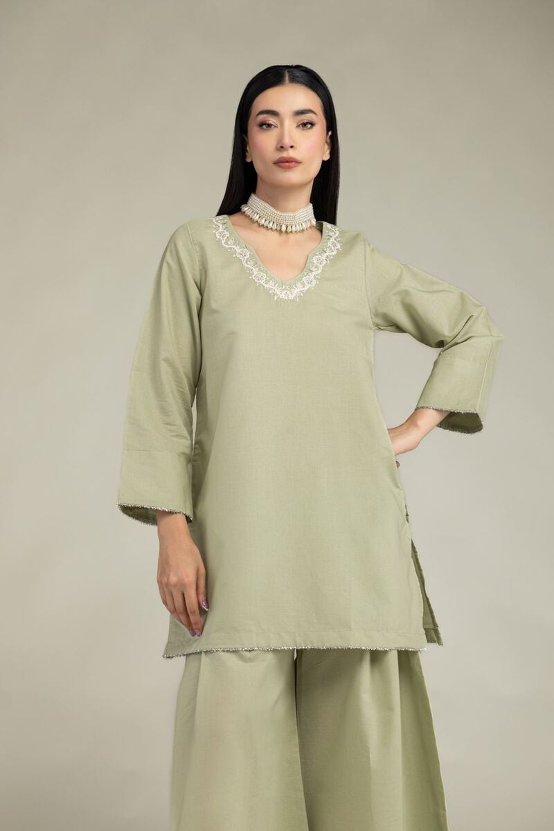 Embroidered | Mesuri | V-Neck Mint Kurta | USD 35.00